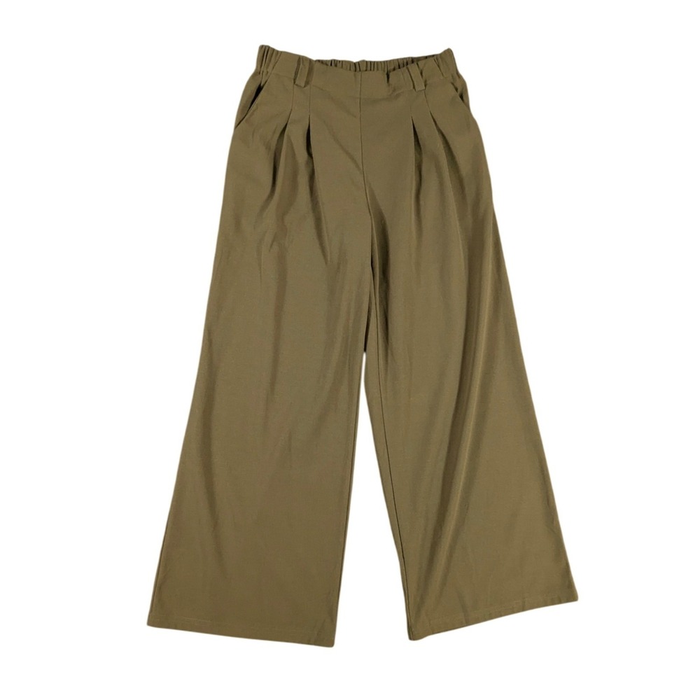 Olive Green Wide Leg Pleated Trousers Elastic Waist Minimalist Pants Medium - Picture 1 of 5